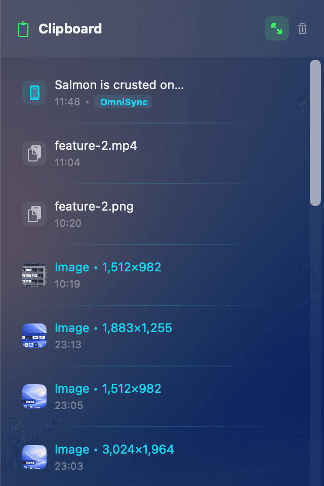 DockMaster clipboard history panel showing recent copied items on macOS