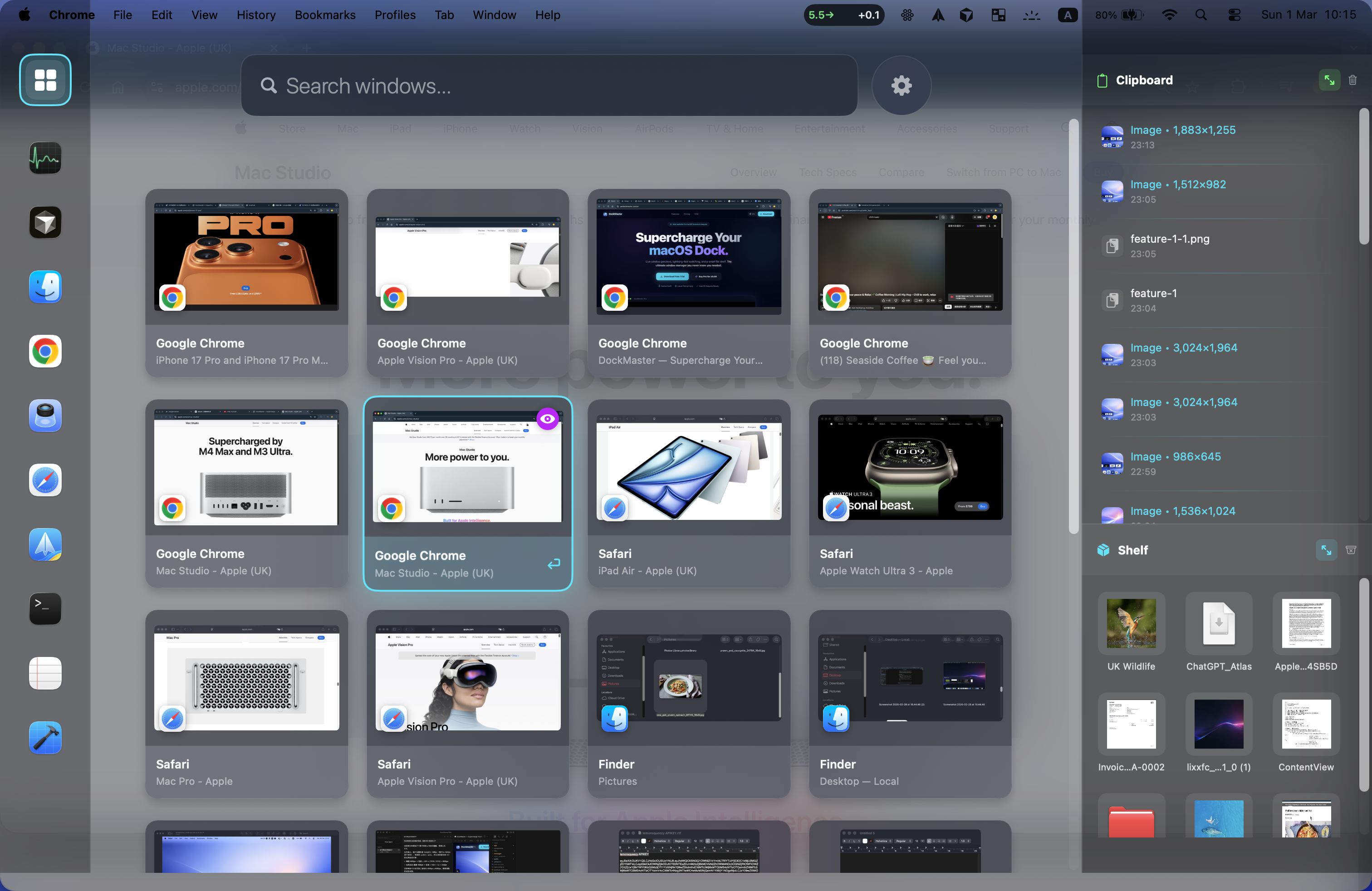 DockMaster global window switcher showing live window previews on macOS
