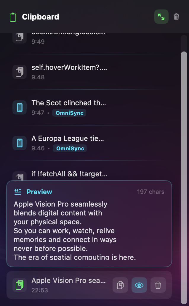 DockMaster clipboard history panel showing recent copied items on macOS